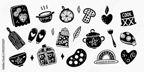 Black and white doodle illustrations of baking and cooking themed items