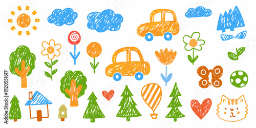 Child s crayon drawing featuring sun clouds flowers trees cars and a cat