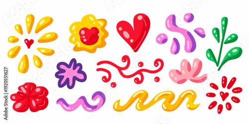 Colorful whimsical flower and shape doodles arranged in a playful composition