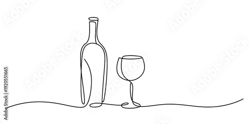 Continuous line art drawing featuring a wine bottle and a wine glass in minimalist style Vector, illustration