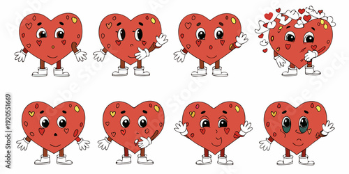 Adorable cartoon hearts with faces displaying various emotions and gestures