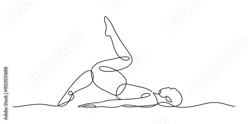 A continuous line drawing of a person performing a single leg stretch exercise on a white background Vector, illustration
