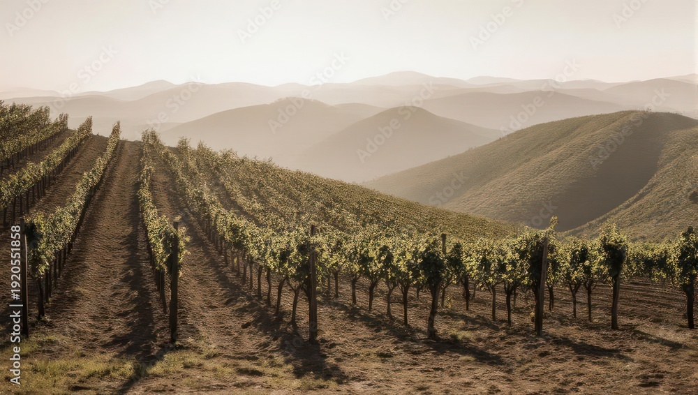 Fototapeta premium A sunlit vineyard sprawls across rolling hills, bathed in golden hour's soft glow, evoking tranquility