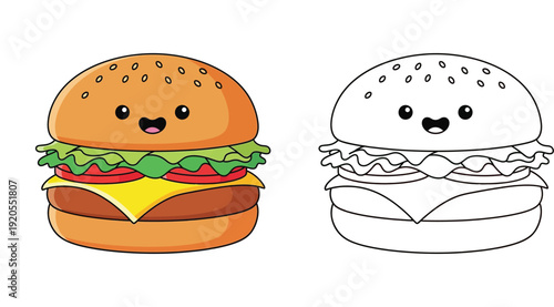Kawaii burger vector illustration. Cute smiling cheeseburger cartoon with black and white outline version for kids coloring book page.
