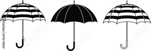 Black vector silhouette set of open umbrellas with solid and striped patterns for weather protection rain autumn season and outdoor lifestyle accessory branding