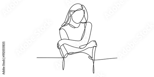 Continuous line art illustration of a woman sitting on a chair with folded arms Vector, illustration