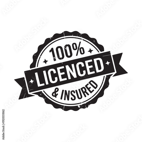Black badge displaying 100 licenced insured text within a circular frame