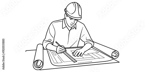 A line drawing depicts an architect or engineer creating plans on a large blueprint. Vector, illustration