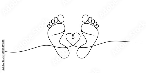 A continuous line art drawing of two baby footprints connected by a small heart shape Vector, illustration