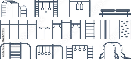 Outdoor playground equipment set with climbing frames monkey bars slides and ladders, kids park collection, flat vector illustration