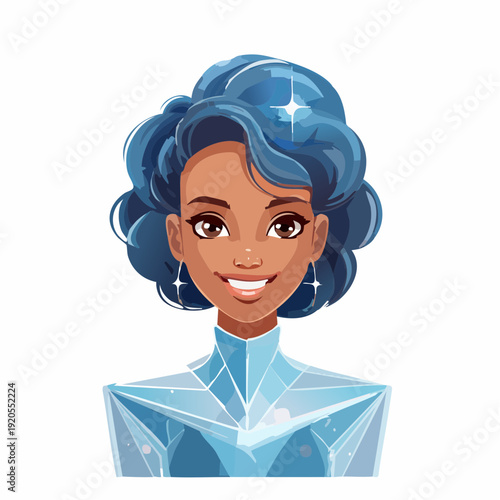 Beautiful smiling woman with glowing blue crystalline hair and body, a fantasy digital art portrait