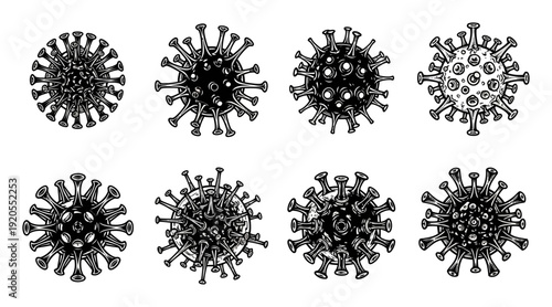 Black and White Stylized Coronavirus Virions White Background covid microbe