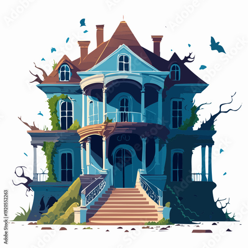 Chilling Gothic Mansion Illustration with Flying Bats for Spooky Halloween Season Decor