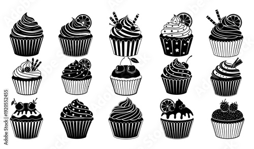 Collection of black and white cupcake with various toppings and decorations dessert