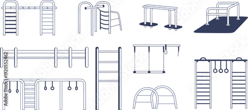 Outdoor playground climbing equipment set with monkey bars ladders slides and gym structures, kids park collection, flat vector illustration