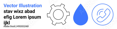 Gear, water drop, and phone call icons in blue and black outline for industry, sustainability, and communication. Ideal for service branding, environmental awareness, technical support, and simple