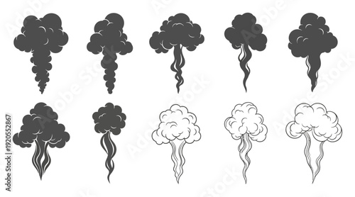 Collection of stylized smoke and steam plumes in various shapes and forms cloud vapor