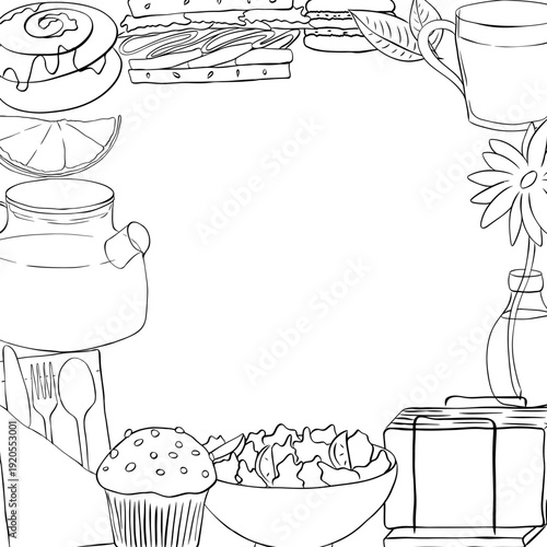 cafe food coffee tea Frame template square Black white Cafe hand drawn illustration. Vector graphic line ink art. Silhouette sign for logo, print, comics, fashion, pop art, boards, decoration, posters