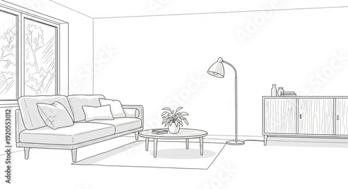 Modern living room sketch with sofa and coffee table.