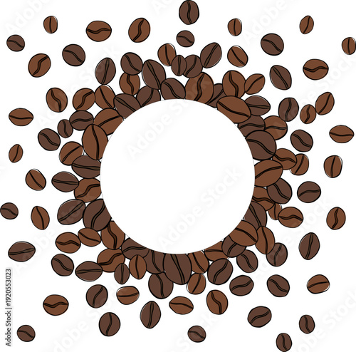 Coffee beans decoration element. Frame template circle Cafe hand drawn illustration. Vector graphic line ink art. for package, holiday design, fabric and textile.
