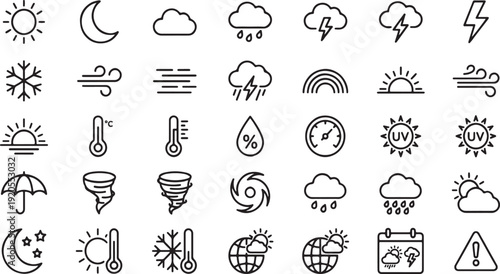 Weather app line icon set with sun, rain, cloud, storm, wind, temperature, forecast, climate, seasonal changes and meteorology icons for mobile and web applications