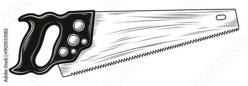 Vintage Hand Saw with Black Handle and Wooden Blade Isolated White Background tool