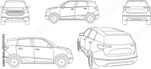 SUV car blueprint set, front side rear views, detailed vehicle outline drawing, automotive technical sketch, flat vector illustration