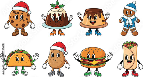 Cute Christmas food characters illustration. Cookie, gingerbread, taco and burger in festive cartoon style. Happy kawaii dessert collection isolated on white background.