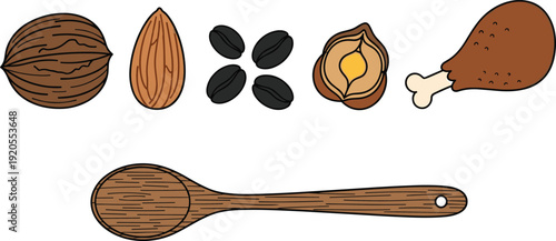 Food ingredients horizontal illustration set. Walnut, almond, coffee beans, hazelnut and chicken drumstick with wooden spoon. Minimal clean design isolated on white background.