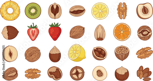 Fruits and nuts watercolor illustration set. Pineapple, kiwi, strawberry, walnut and hazelnut in 5x5 grid layout. Hand drawn food collection isolated on white background.