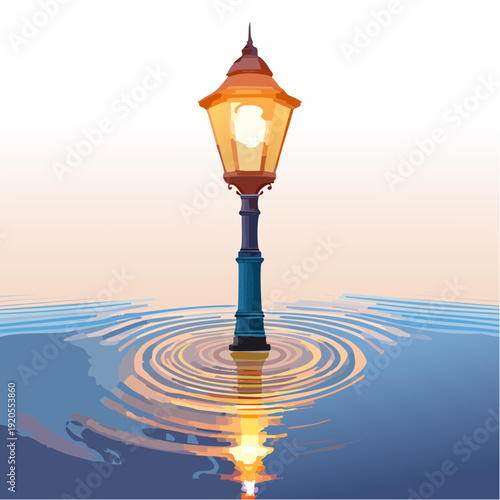 A solitary vintage lamppost glowing warmly as it stands in tranquil rippling water
