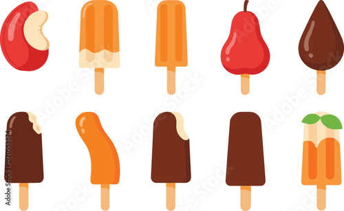 Ice cream popsicle illustration set. Chocolate and fruity frozen treats in playful shapes. Minimal flat design dessert collection isolated on white background.