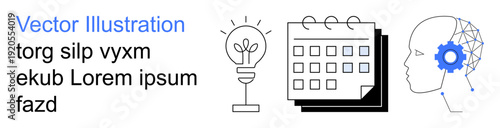Innovation, planning, AI, creativity, scheduling, digital technology. Light bulb, calendar neural head illustration with text. Innovation and planning concepts presented visually