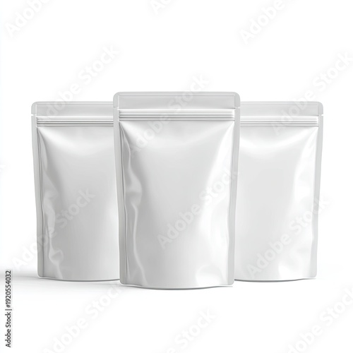 Three white, shiny, vertical stand-up pouches, blank, with resealable zippers, on a white backdrop