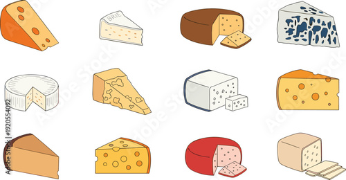 Cheese varieties illustration set. Swiss, brie, cheddar, gouda, feta and blue cheeses in clean minimalist style. Detailed 3x4 dairy grid on white background.
