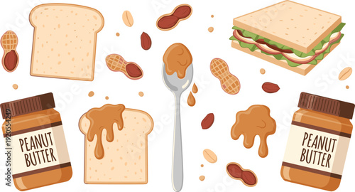 Peanut butter and sandwich flat illustration. Bread slices, jars and dripping spoon in minimalist modern style. Clean food composition on white background with gray border.