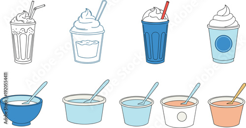 Milkshake and smoothie illustration progression set. Sketch, outline and solid style drinks in grid layout. Modern beverage design collection on white background with gray border.