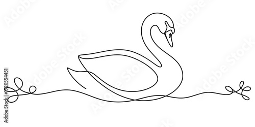 Minimalist continuous line drawing of a graceful swan swimming on water with elegant swirls isolated on white background, Vector, illustration