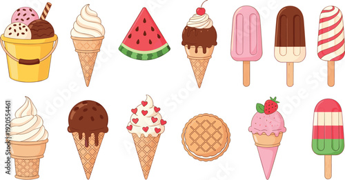 Cute ice cream and frozen dessert collection illustration. Cones, popsicles and sundae bucket in colorful cartoon style. Sweet summer treats set on white background with black border.