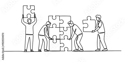 A group of people working together to assemble a large jigsaw puzzle for teamwork concept isolated on white background, Vector, illustration