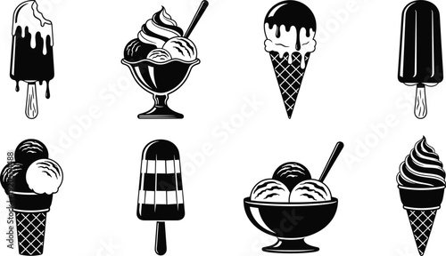 Ice cream and frozen dessert line icon set. Eight minimalist black and white dessert symbols in clean flat style. Simple 2x4 grid illustration on white background with subtle shadow.