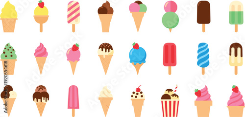 Ice cream and frozen dessert icon set. Twenty colorful cones and popsicles in flat minimalist style. Clean 4x5 grid collection isolated on white background.