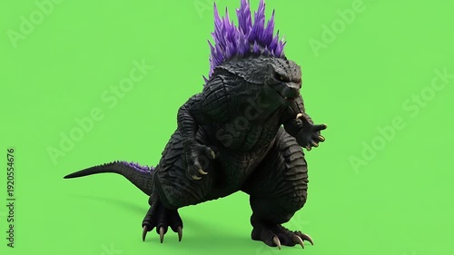 Kaiju Monster Godzilla Roaring with Purple Spikes on Green Screen