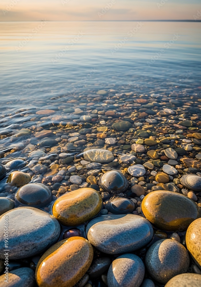 Obraz premium Smooth coastal stones edge the crystal lake on a calm sunset evening