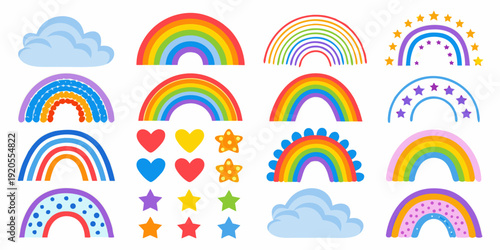 Colorful rainbows clouds hearts and stars in a playful arrangement