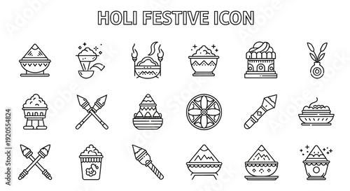 Holi festival celebration icons set with colorful powder and water elements in a vibrant cultural scene