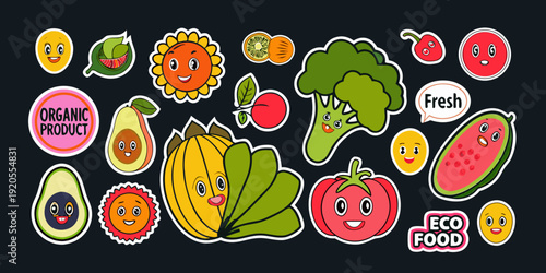 Colorful cartoon fruits and vegetables with smiling faces arranged together