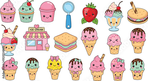 Kawaii ice cream and dessert collection illustration. Cute pastel cupcakes, cones and shop storefront with smiling faces. Adorable sweet treats set on white background with gray border.