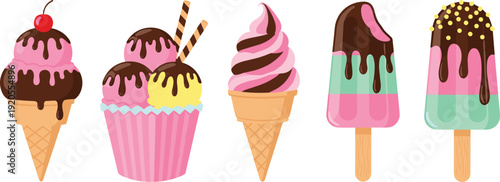 Cute ice cream dessert illustration set. Chocolate dipped cones, cupcake sundae and sprinkled popsicles in colorful cartoon style. Sweet treats collection on white background with black border.