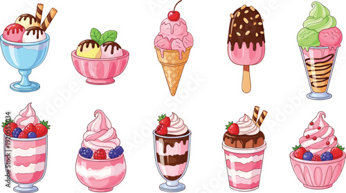 Cute ice cream dessert collection illustration. Cones, milkshakes and sundae bowls in colorful cartoon style. Sweet summer treats isolated on white background with gray border.